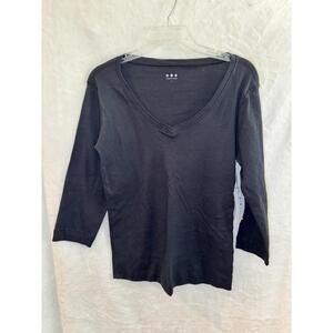 Three Dots V-Neck Top Black Shirt Women's 3/4 Sleeves Size Medium NWT